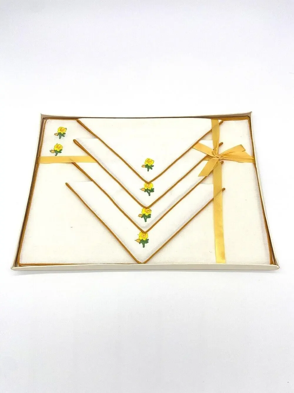 Vintage Embroidered Floral Applique Yellow Trim Placemats & Napkins ~NOS 8piece